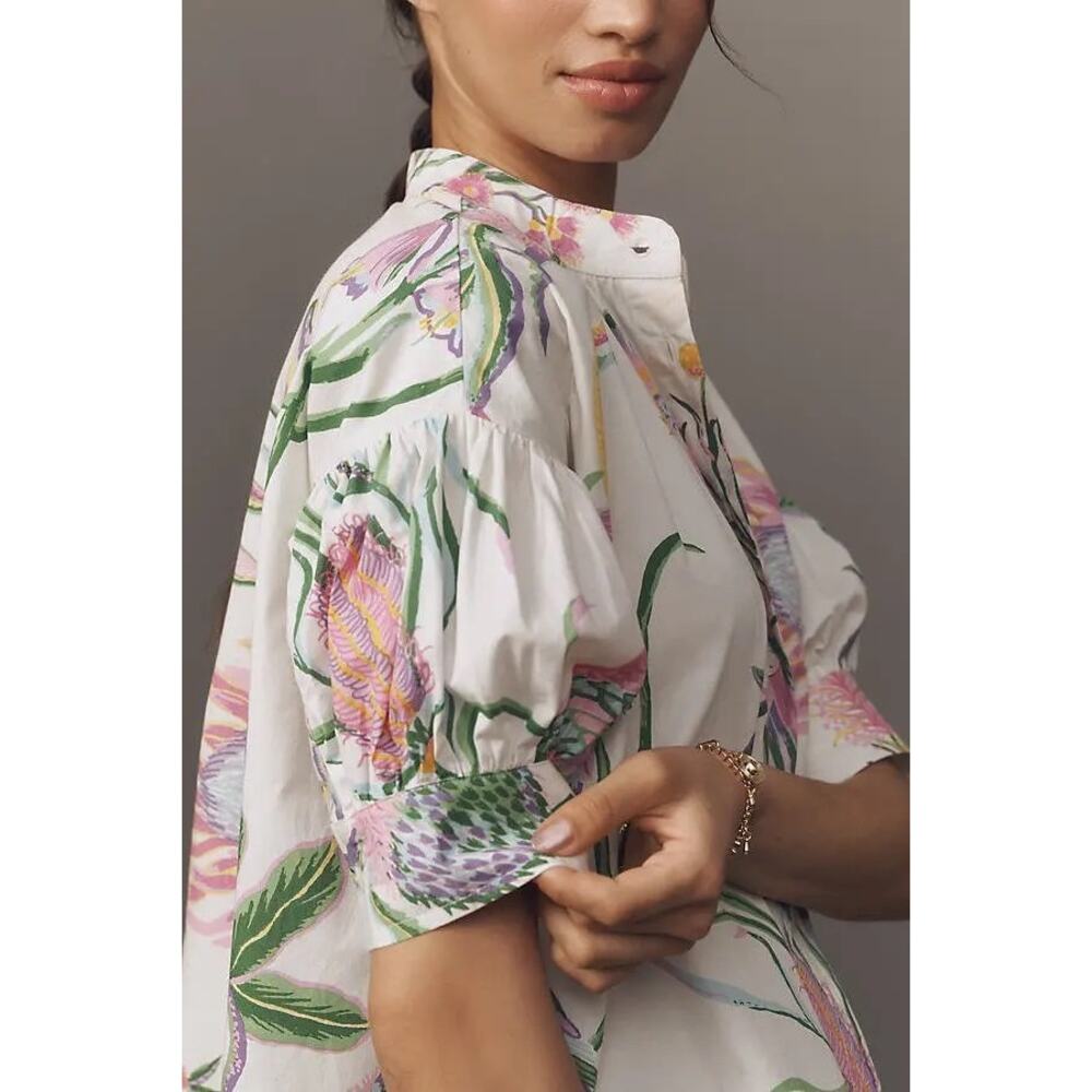 Anthropologie Banjanan Ivy Afterglow Short Sleeve Blouse Parrot Print Small NWT - Picture 2 of 6